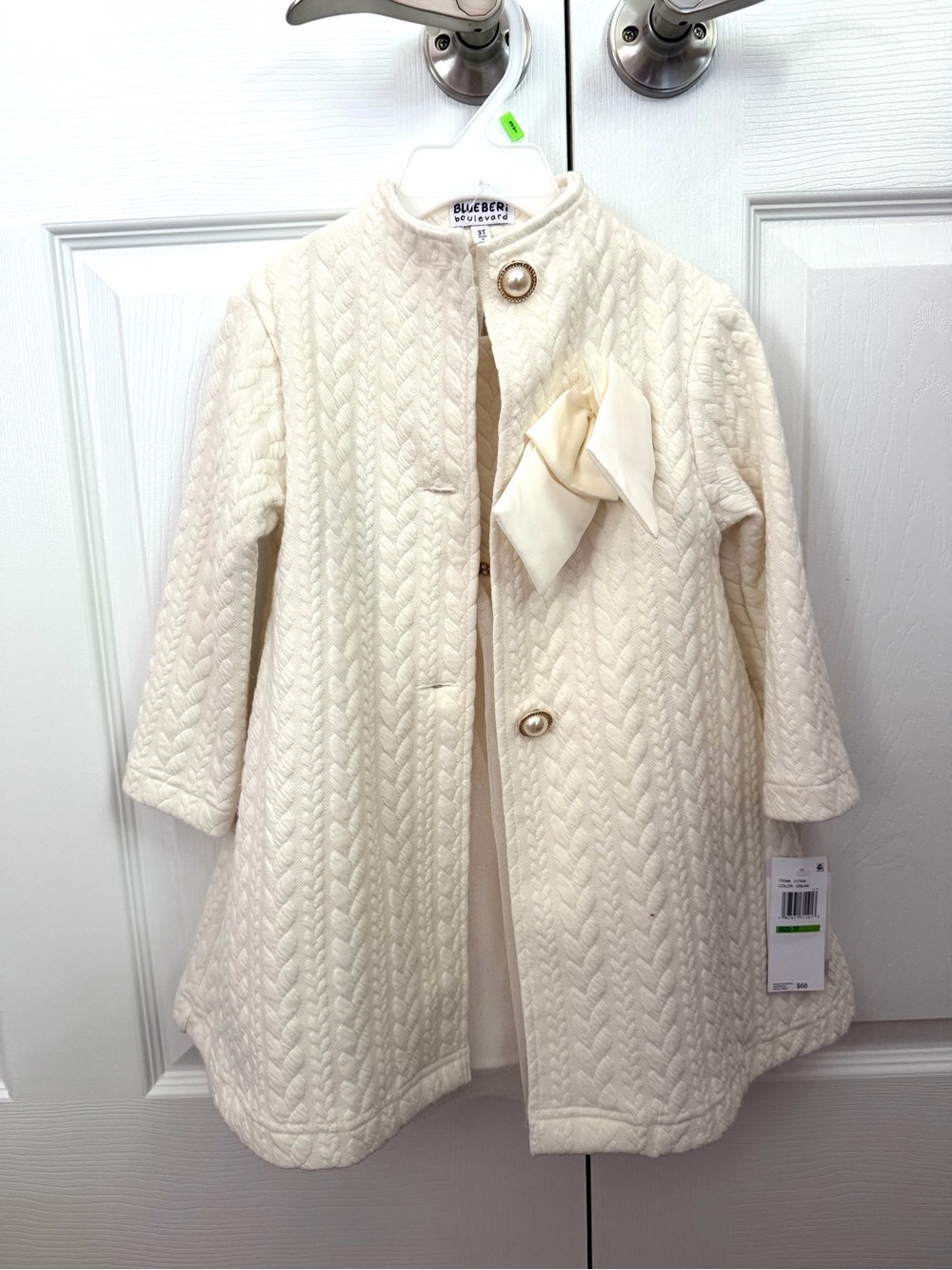 Blueberi Boulevard Girls' Cream Quilted Pea Coat with Bow Accent